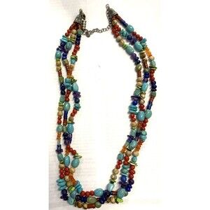 Vintage Multi Color 3 Strand Beaded & Sterling Silver Southwestern Necklace 24"